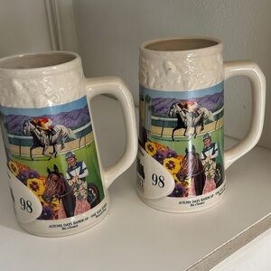 Ceramic Horse Racing Mugs - Cream and Multicolor